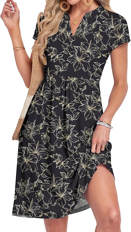 Lyra Vestito Midi Donna – Výstřih do V, Plisovaný a Kapsy, Elegantní Casual Styl