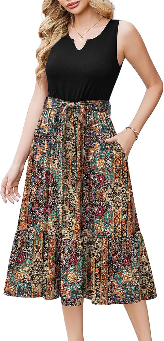 Remy Vestito Midi Damen – V-Ausschnitt, Ärmellos & A-Linie mit eleganten Taschen