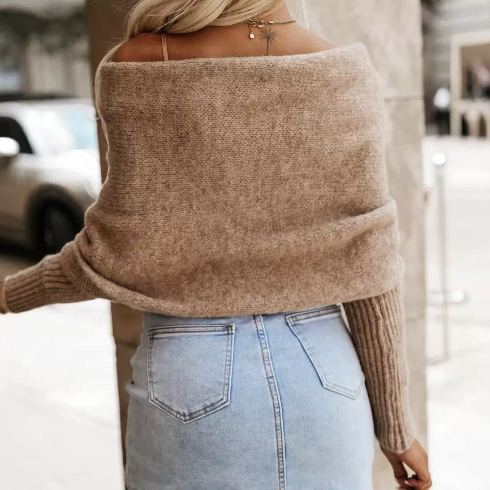 Hazel Maglione Damen Off-Shoulder – Weicher Umschlagpullover mit eleganten Rippstrickärmeln