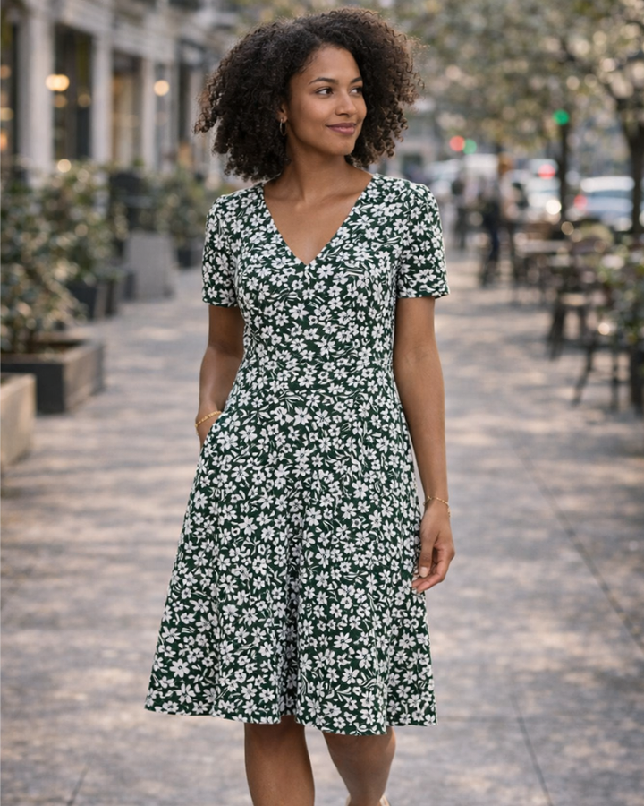 Novaria Vestito Donna Fit & Flare – Scollo a V, Jersey Elasticizzato & A-Line Floreale