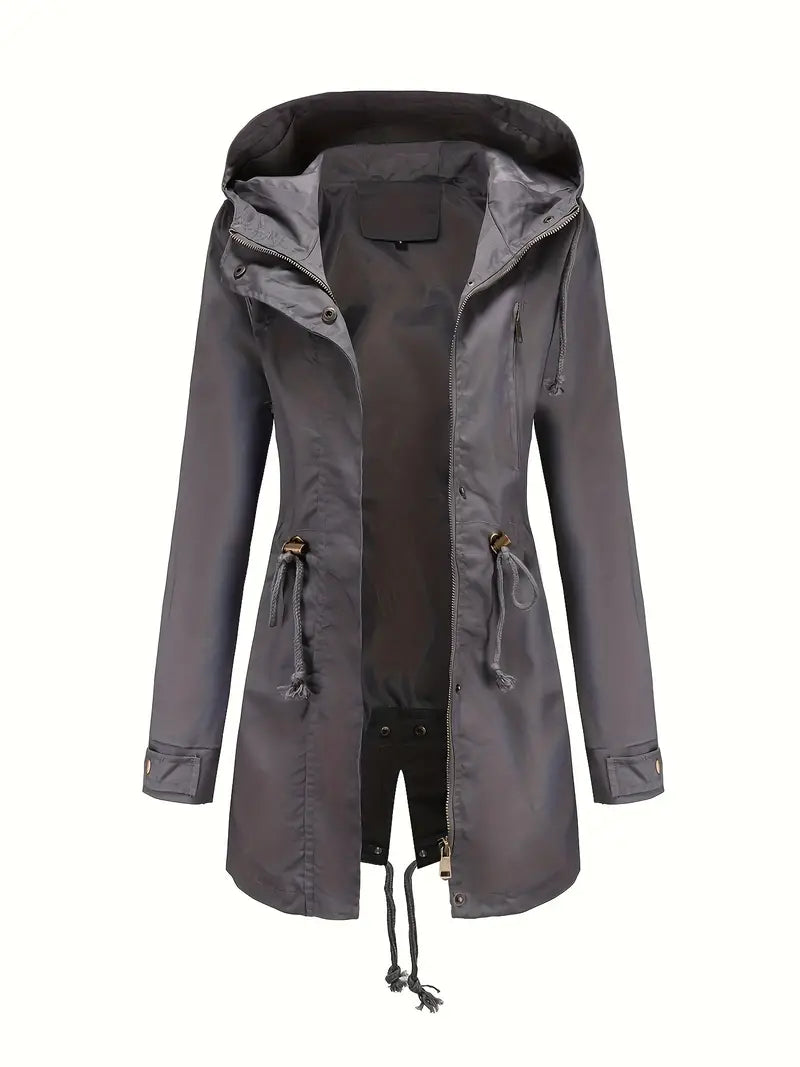 Long Women's Raincoat Jacket With Zipper | Long Sleeve