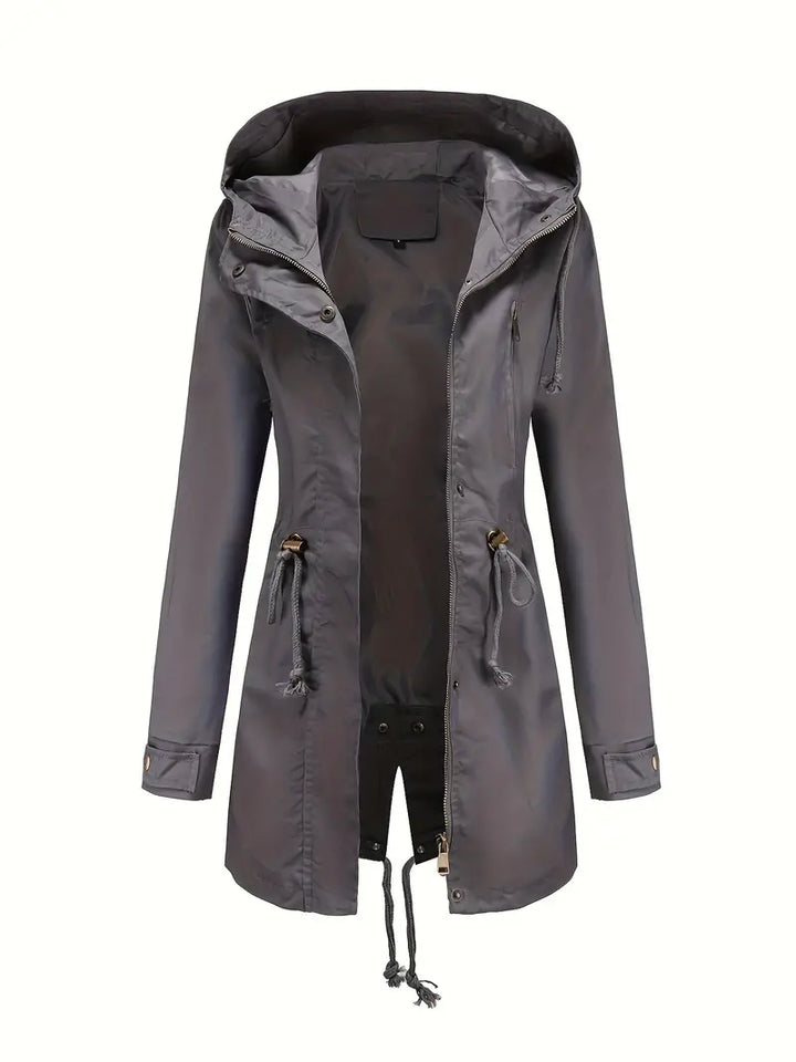 Long Women's Raincoat Jacket With Zipper | Long Sleeve