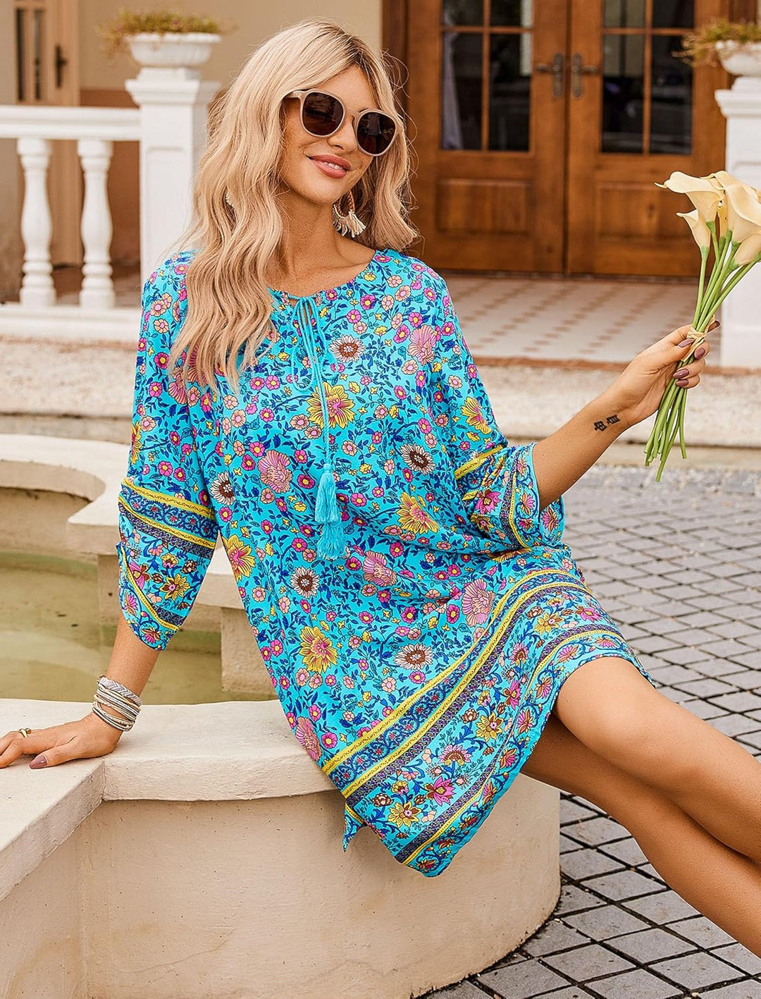 Φόρεμα Odelia Boho Γυναικείο – Μανίκια 3/4, V Λαιμόκοψη με Φουντίτσες & Φλοράλ Τουνίκ