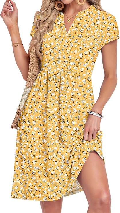 Lyra Vestito Midi Donna – Výstřih do V, Plisovaný a Kapsy, Elegantní Casual Styl