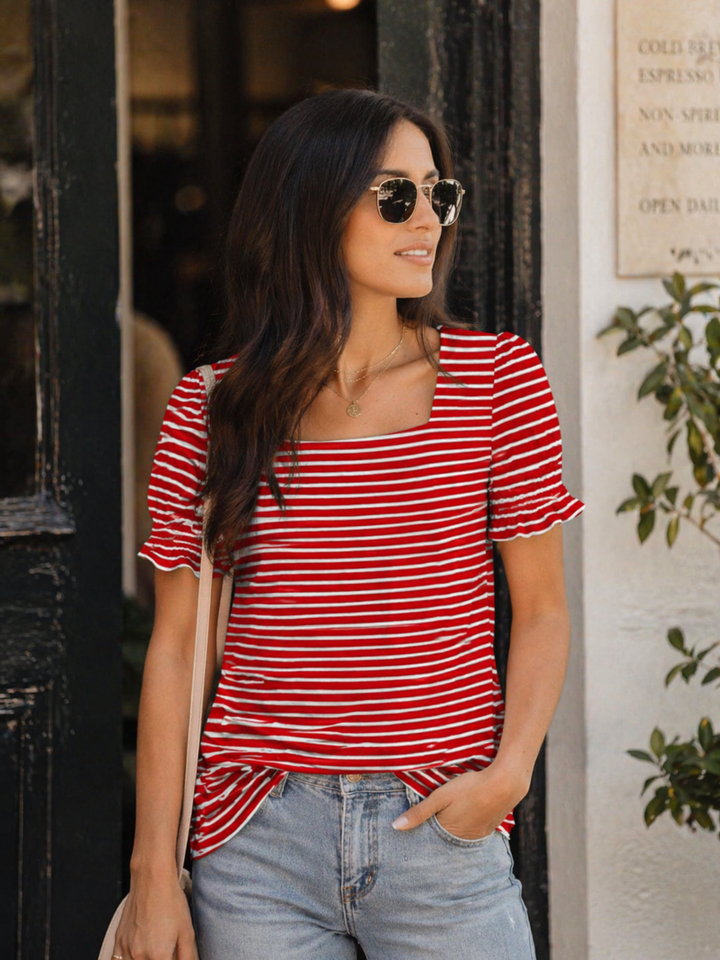 Top Giada pentru femei – Decolteu pătrat, mâneci cu volane și tricou casual elegant