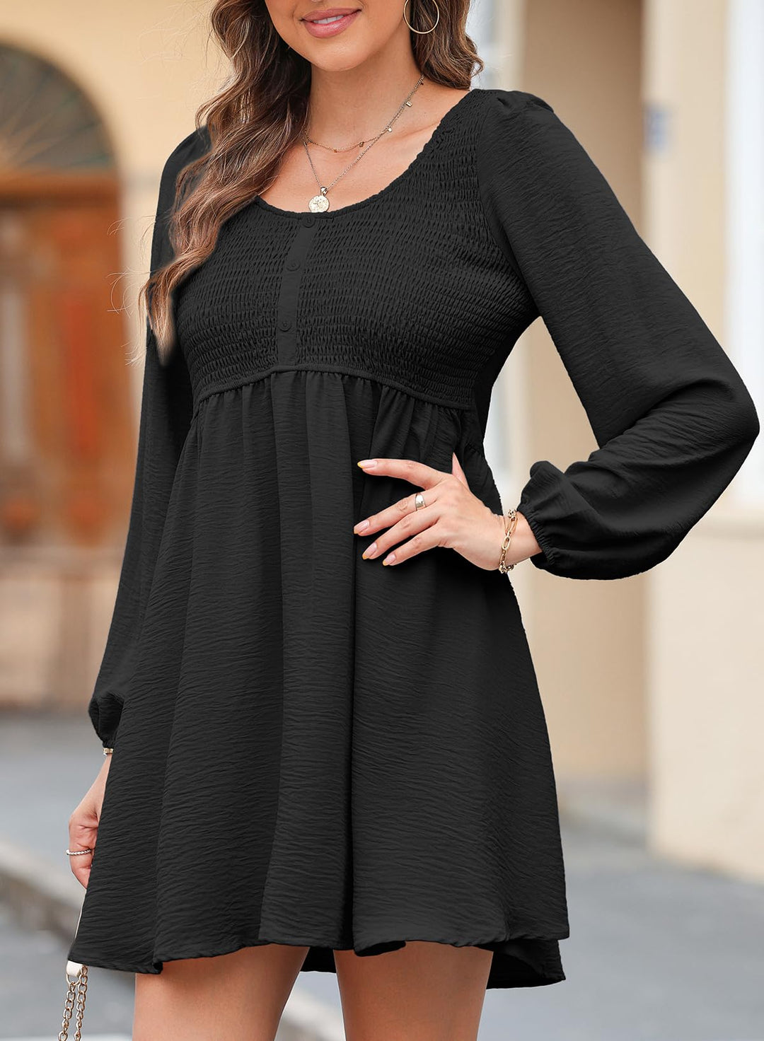Elara Robe Midi Femme – Manches Longues, Col Rond & Coupe A en Mousseline Élégante