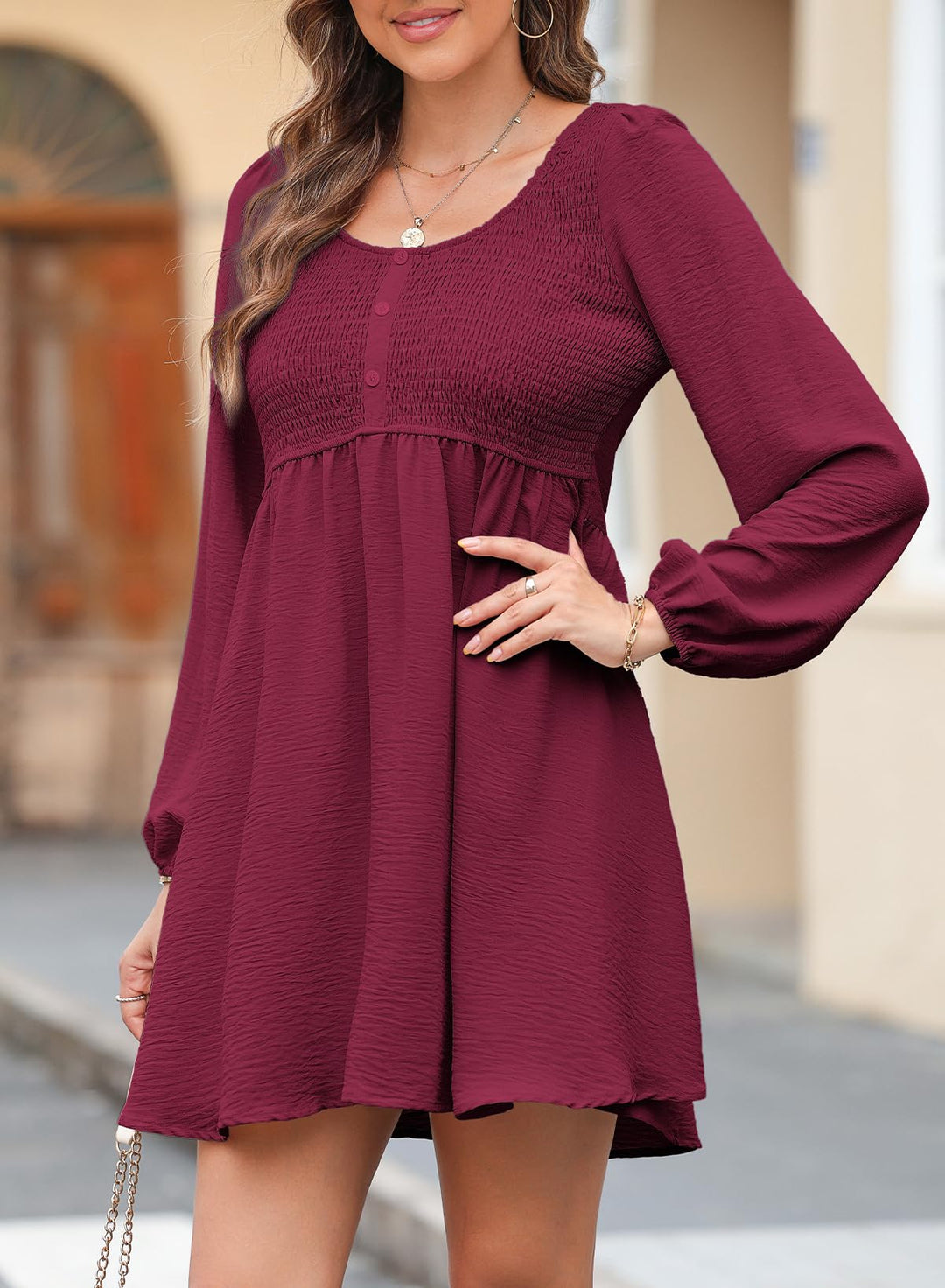 Elara Robe Midi Femme – Manches Longues, Col Rond & Coupe A en Mousseline Élégante