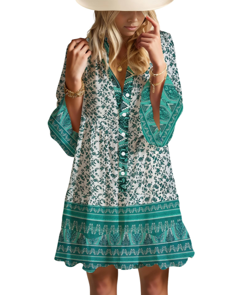 Aaliyah Mini Boho šaty pro ženy – výstřih do V, 3/4 rukávy a babydoll šaty s volánky