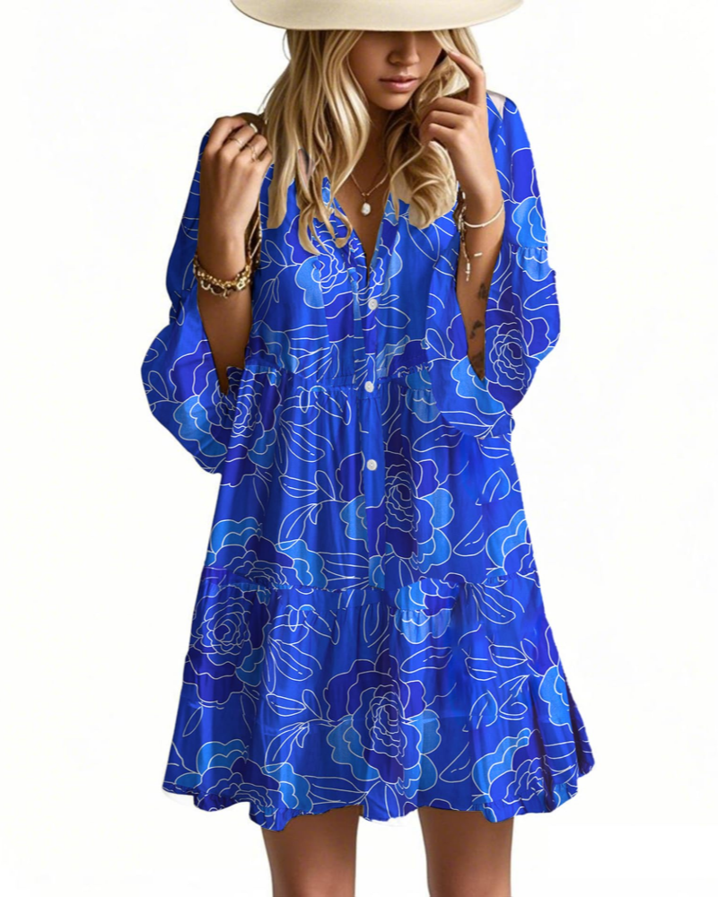 Aaliyah Mini Boho šaty pro ženy – výstřih do V, 3/4 rukávy a babydoll šaty s volánky