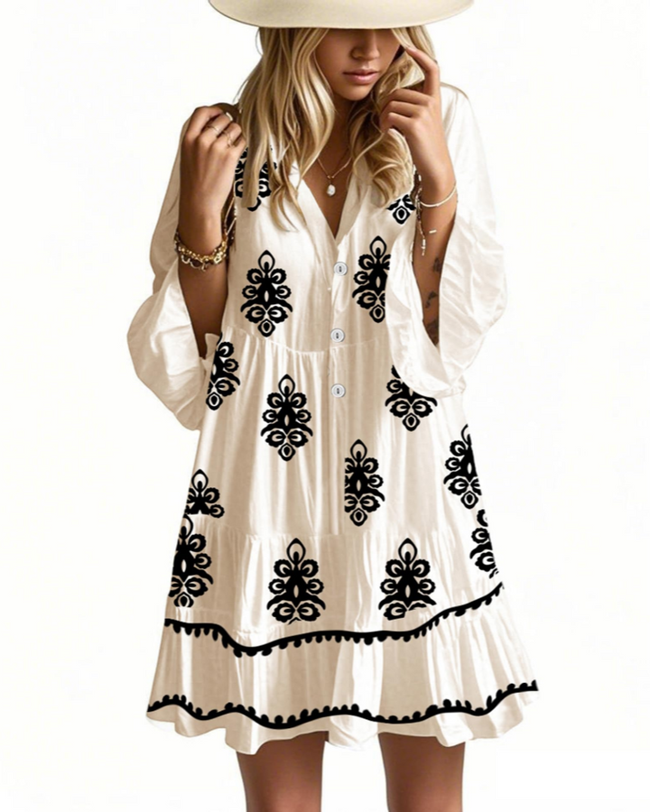 Aaliyah Mini Boho šaty pro ženy – výstřih do V, 3/4 rukávy a babydoll šaty s volánky