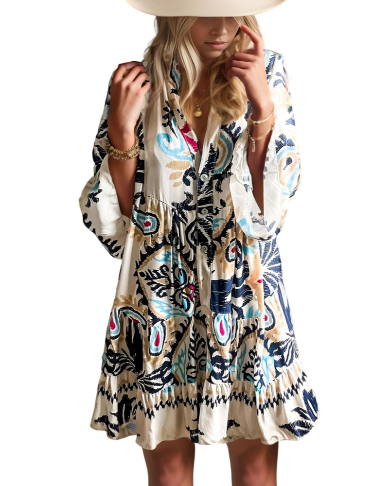Aaliyah Mini Boho šaty pro ženy – výstřih do V, 3/4 rukávy a babydoll šaty s volánky