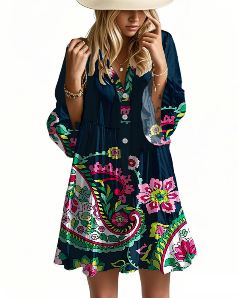 Aaliyah Mini Boho šaty pro ženy – výstřih do V, 3/4 rukávy a babydoll šaty s volánky