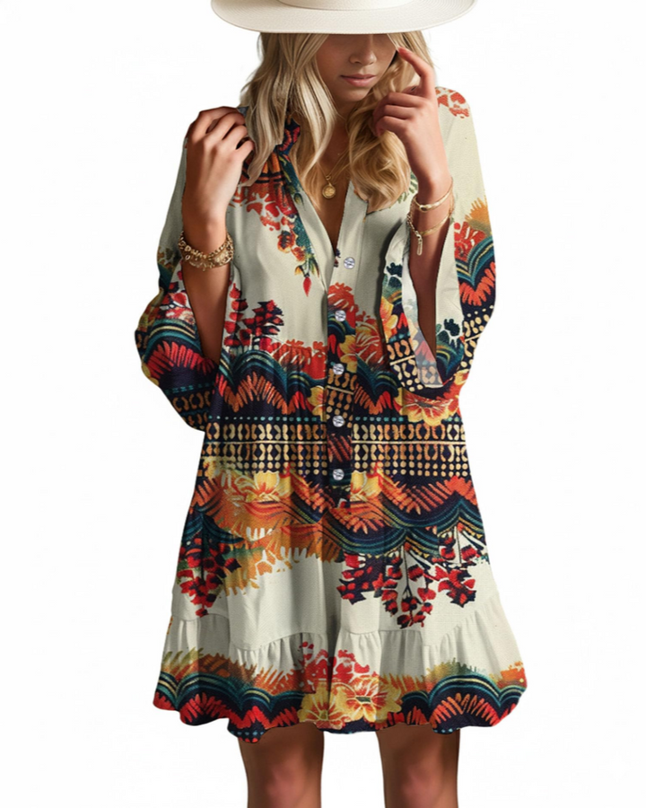 Aaliyah Mini Boho šaty pro ženy – výstřih do V, 3/4 rukávy a babydoll šaty s volánky
