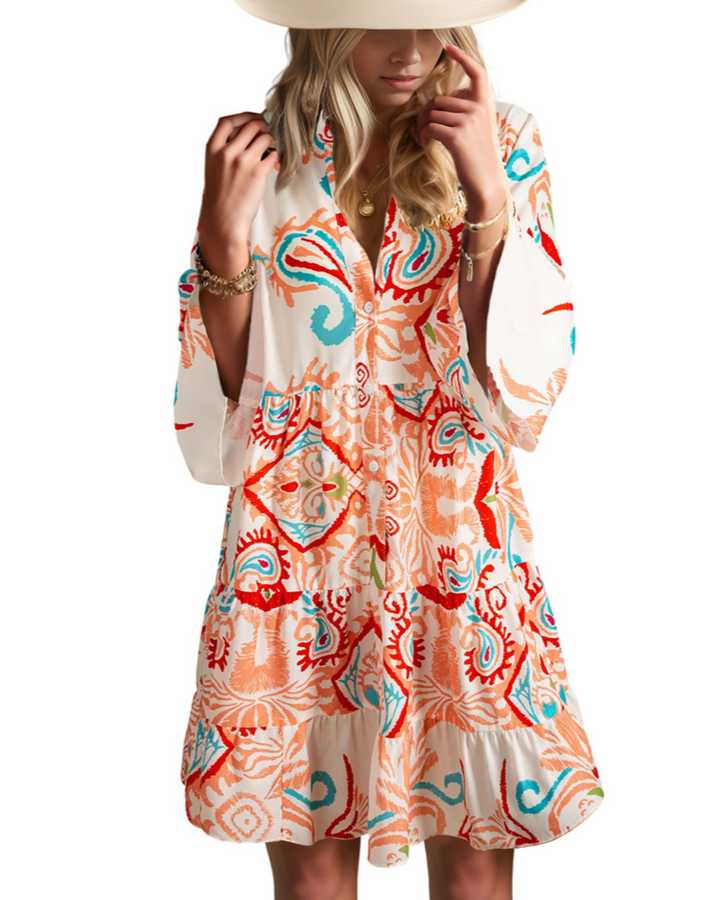 Aaliyah Mini Boho šaty pro ženy – výstřih do V, 3/4 rukávy a babydoll šaty s volánky