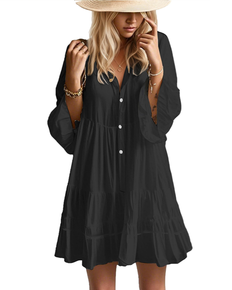 Aaliyah Mini Boho šaty pro ženy – výstřih do V, 3/4 rukávy a babydoll šaty s volánky