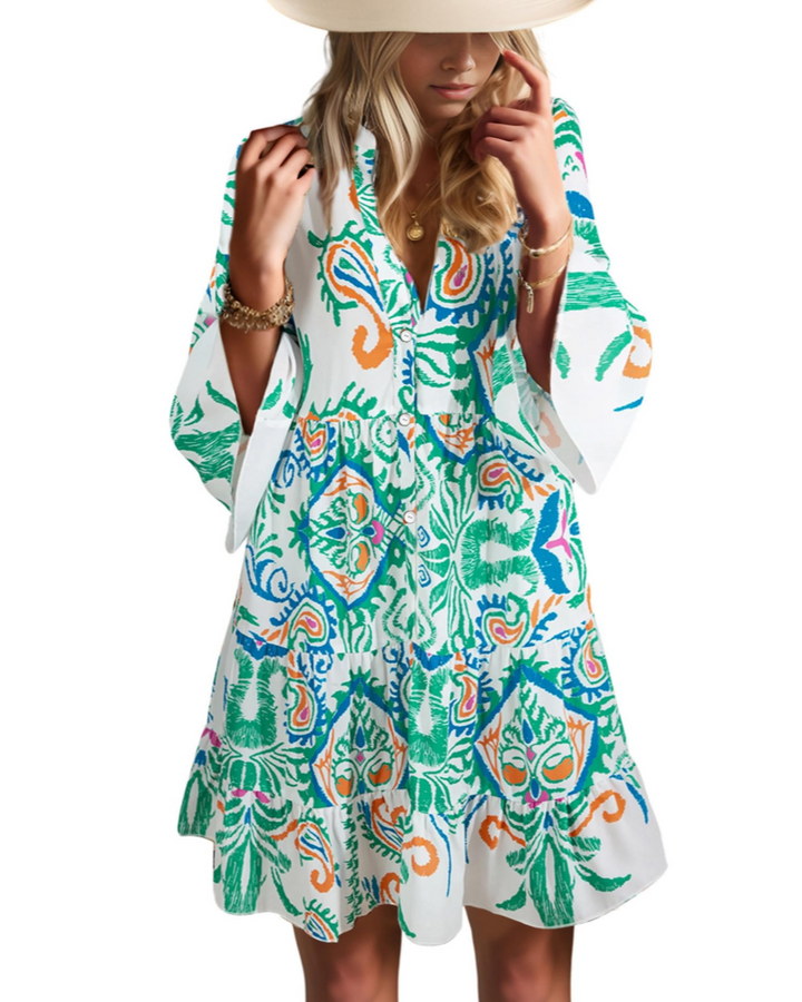 Aaliyah Mini Boho šaty pro ženy – výstřih do V, 3/4 rukávy a babydoll šaty s volánky