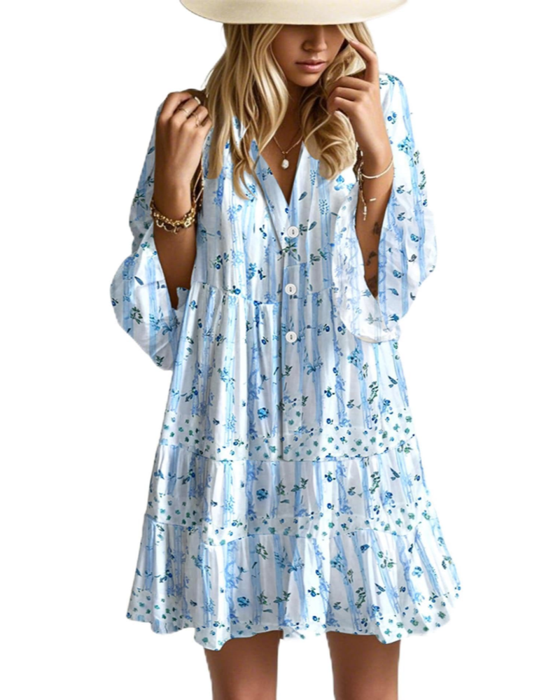 Aaliyah Mini Boho šaty pro ženy – výstřih do V, 3/4 rukávy a babydoll šaty s volánky