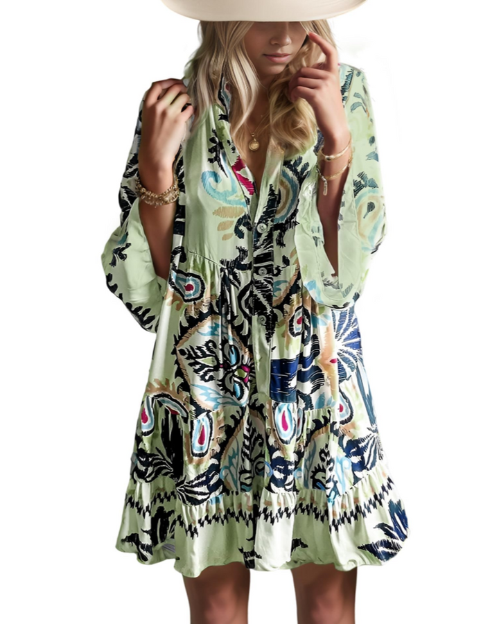 Aaliyah Mini Boho šaty pro ženy – výstřih do V, 3/4 rukávy a babydoll šaty s volánky