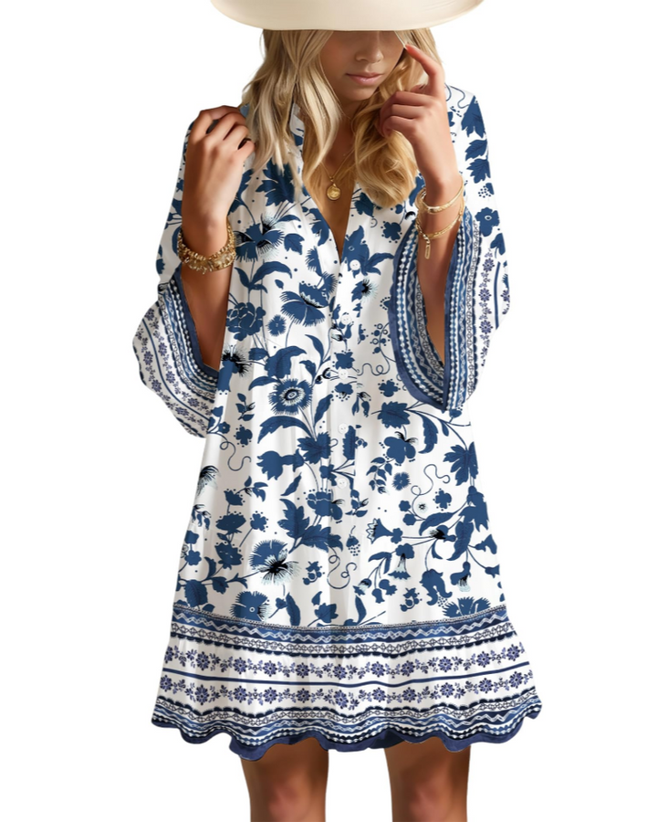 Aaliyah Mini Boho šaty pro ženy – výstřih do V, 3/4 rukávy a babydoll šaty s volánky