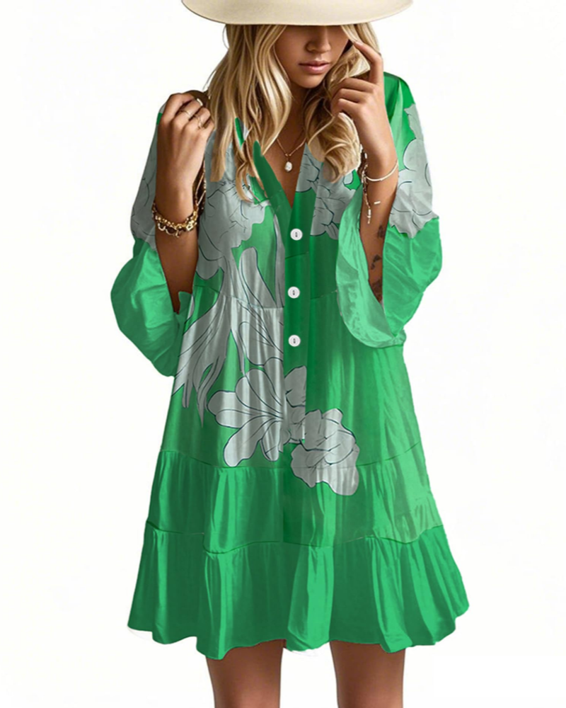 Aaliyah Mini Boho šaty pro ženy – výstřih do V, 3/4 rukávy a babydoll šaty s volánky