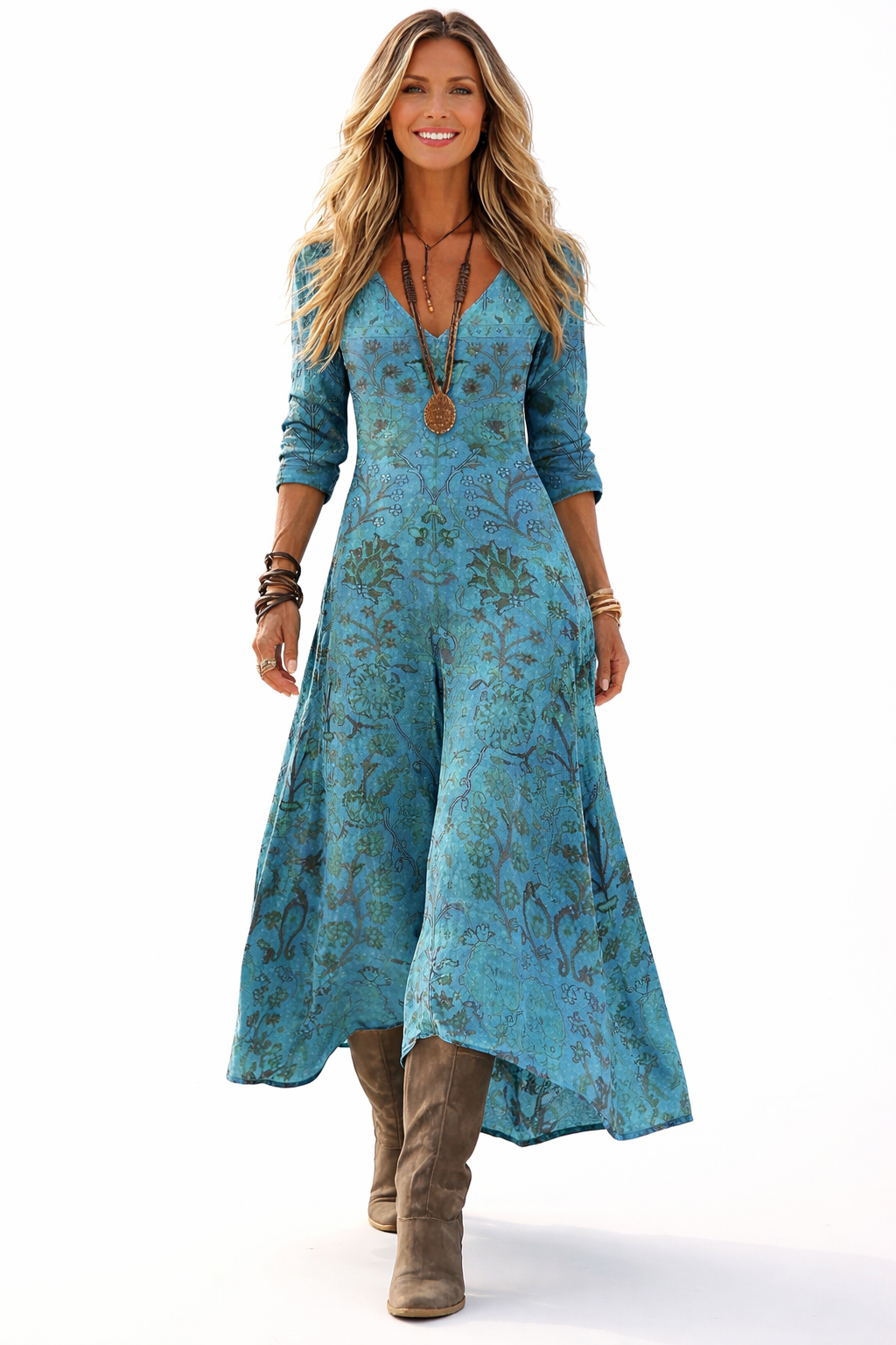 Alora Maxi šaty pro ženy – len a bavlna, výstřih do V a etnický vintage boho potisk