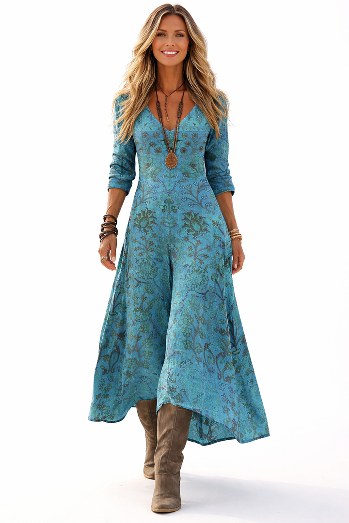 Alora Maxi šaty pro ženy – len a bavlna, výstřih do V a etnický vintage boho potisk