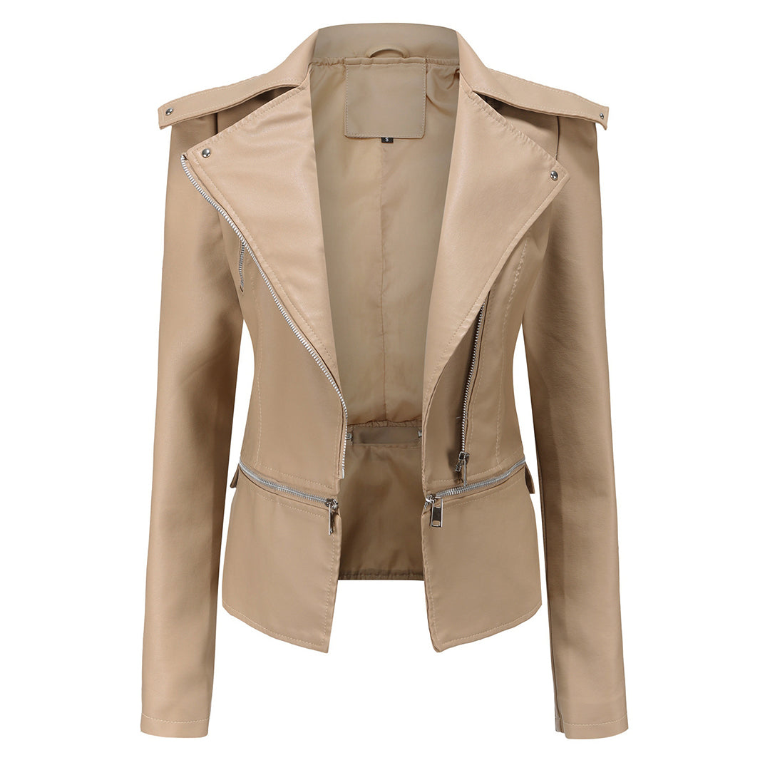 Giacca In Pelle Alla Moda A Maniche Lunghe Per Donna | Dettaglio Zip