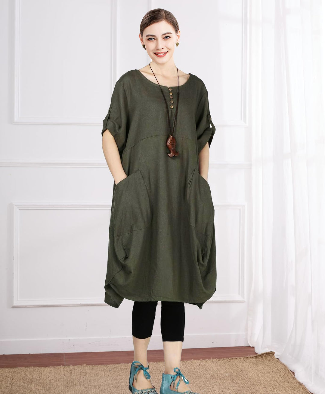 Wisteria Vestito Tunica Donna – Lino Cotone, Maniche Corte & Tasche Boho Oversize