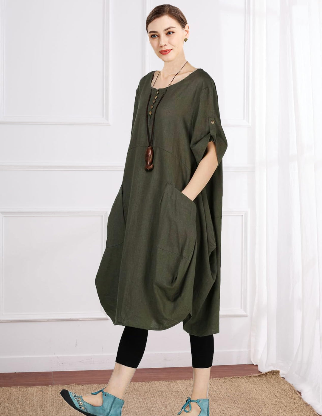Wisteria Vestito Tunica Donna – Lino Cotone, Maniche Corte & Tasche Boho Oversize