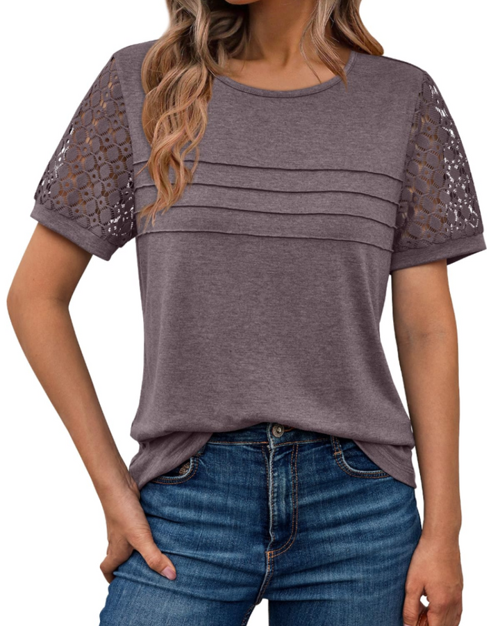 Azura Blusa Donna – Maniche Corte con Pizzo, Girocollo & Top Casual Elegante