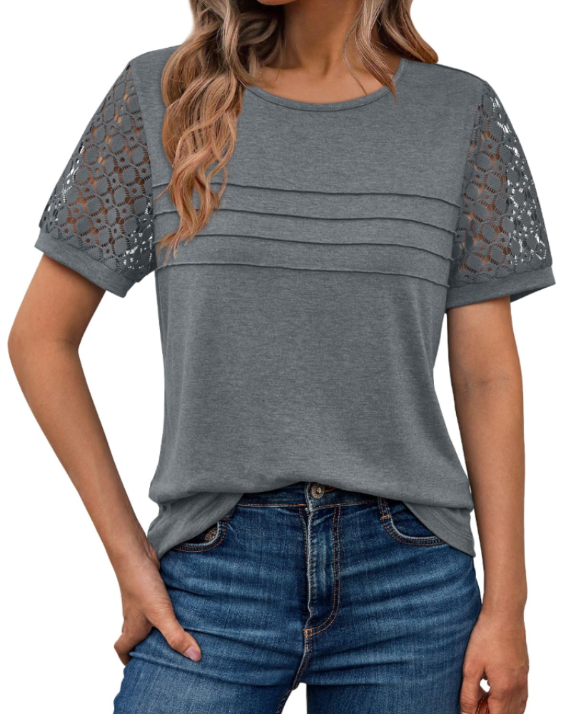 Azura Blusa Donna – Maniche Corte con Pizzo, Girocollo & Top Casual Elegante
