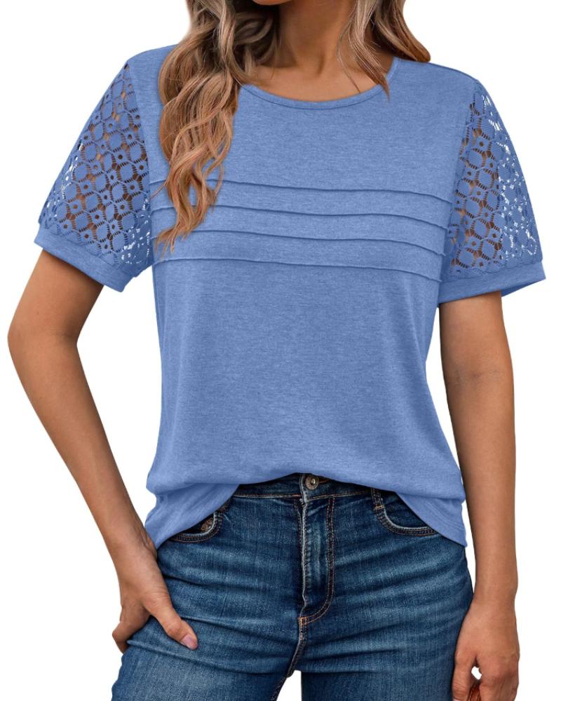 Azura Blusa Donna – Maniche Corte con Pizzo, Girocollo & Top Casual Elegante