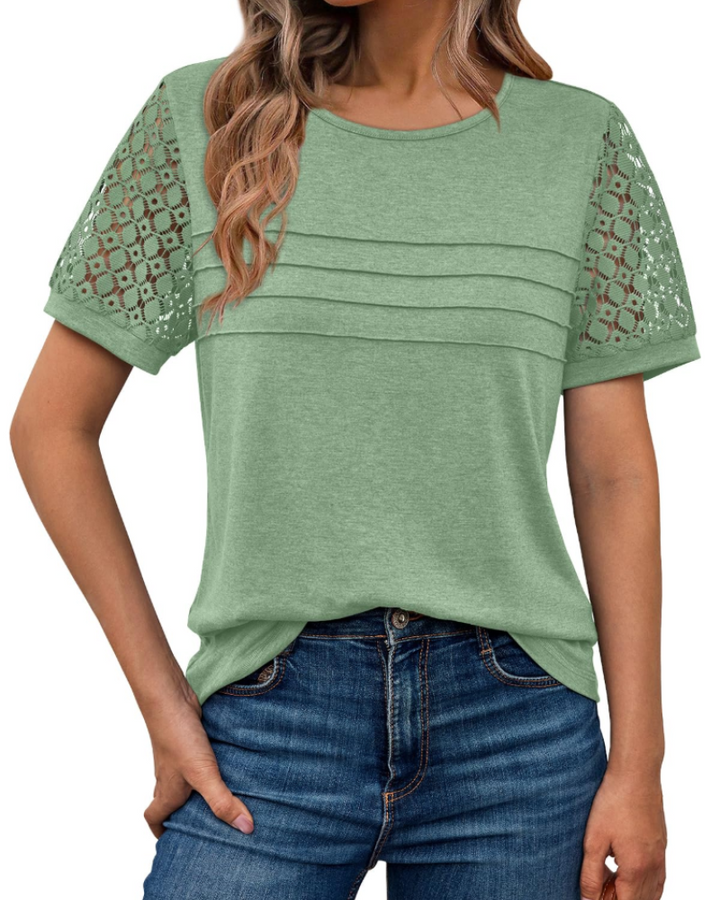 Azura Blusa Donna – Maniche Corte con Pizzo, Girocollo & Top Casual Elegante