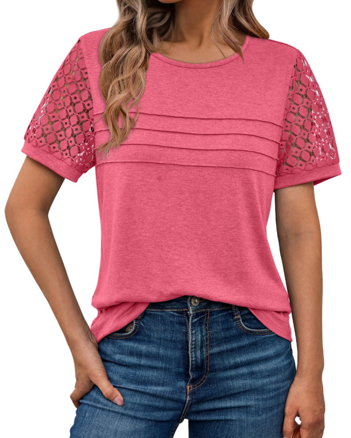 Azura Blusa Donna – Maniche Corte con Pizzo, Girocollo & Top Casual Elegante