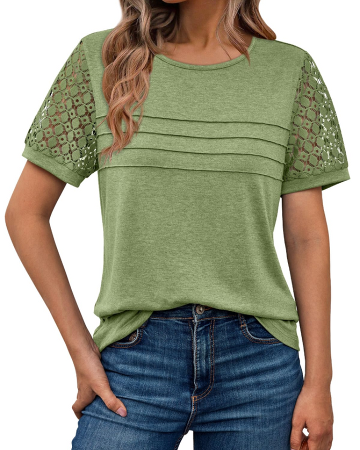 Azura Blusa Donna – Maniche Corte con Pizzo, Girocollo & Top Casual Elegante
