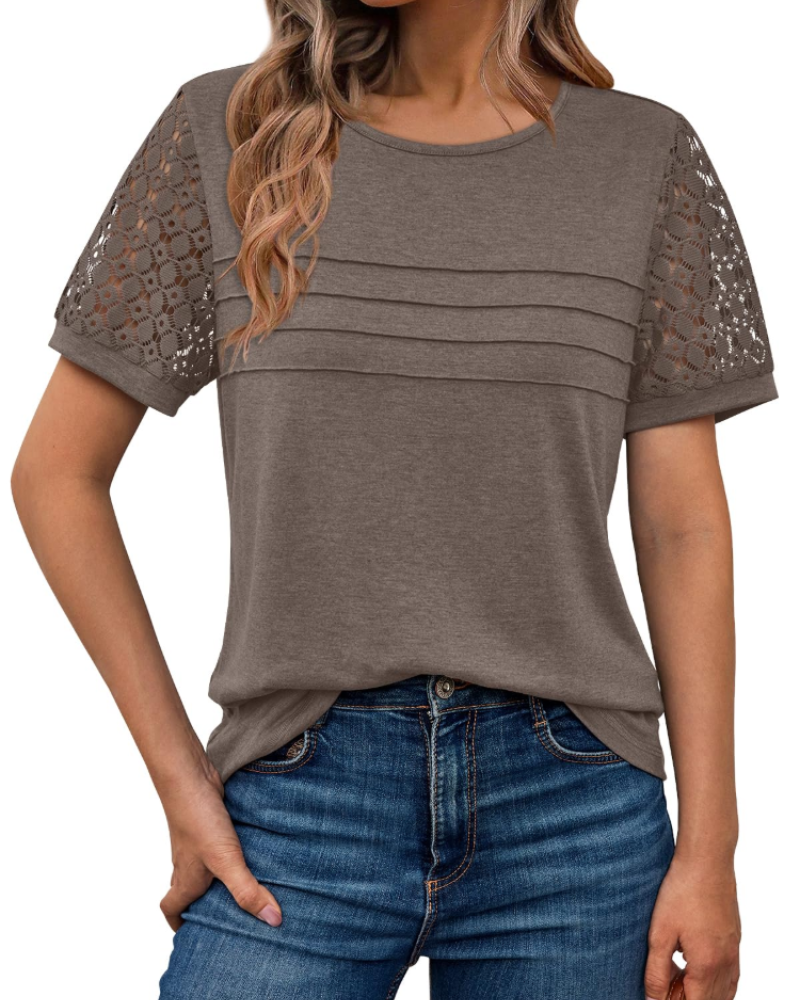 Azura Blusa Donna – Maniche Corte con Pizzo, Girocollo & Top Casual Elegante