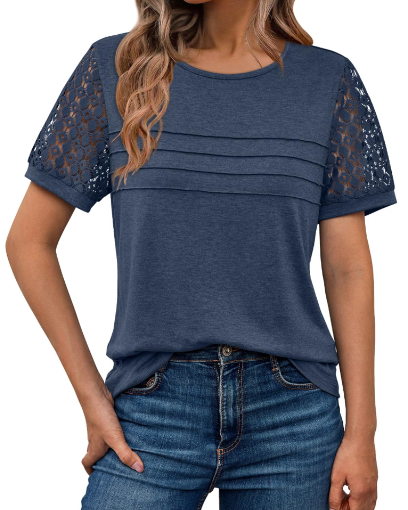 Azura Blusa Donna – Maniche Corte con Pizzo, Girocollo & Top Casual Elegante