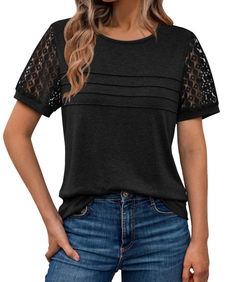 Azura Blusa Donna – Maniche Corte con Pizzo, Girocollo & Top Casual Elegante