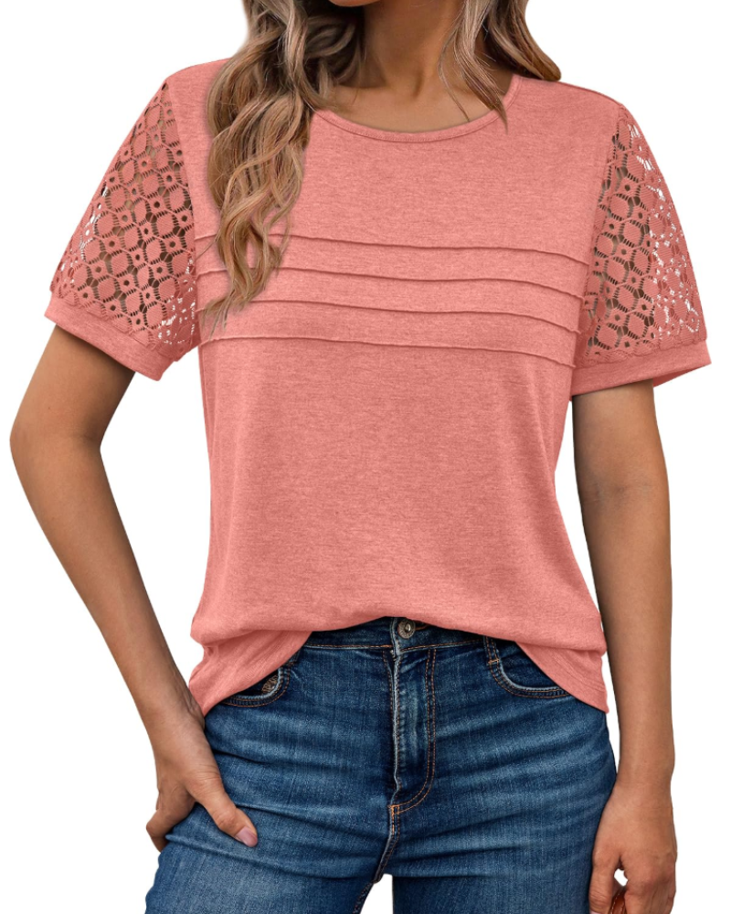 Azura Blusa Donna – Maniche Corte con Pizzo, Girocollo & Top Casual Elegante