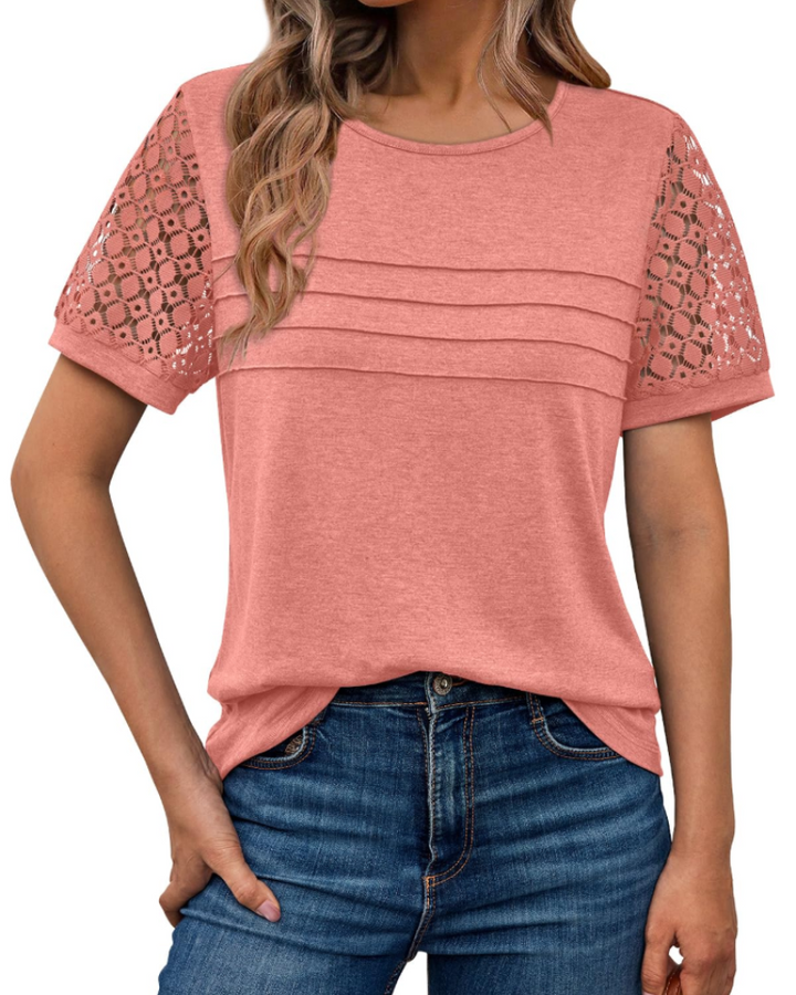 Azura Blusa Donna – Maniche Corte con Pizzo, Girocollo & Top Casual Elegante