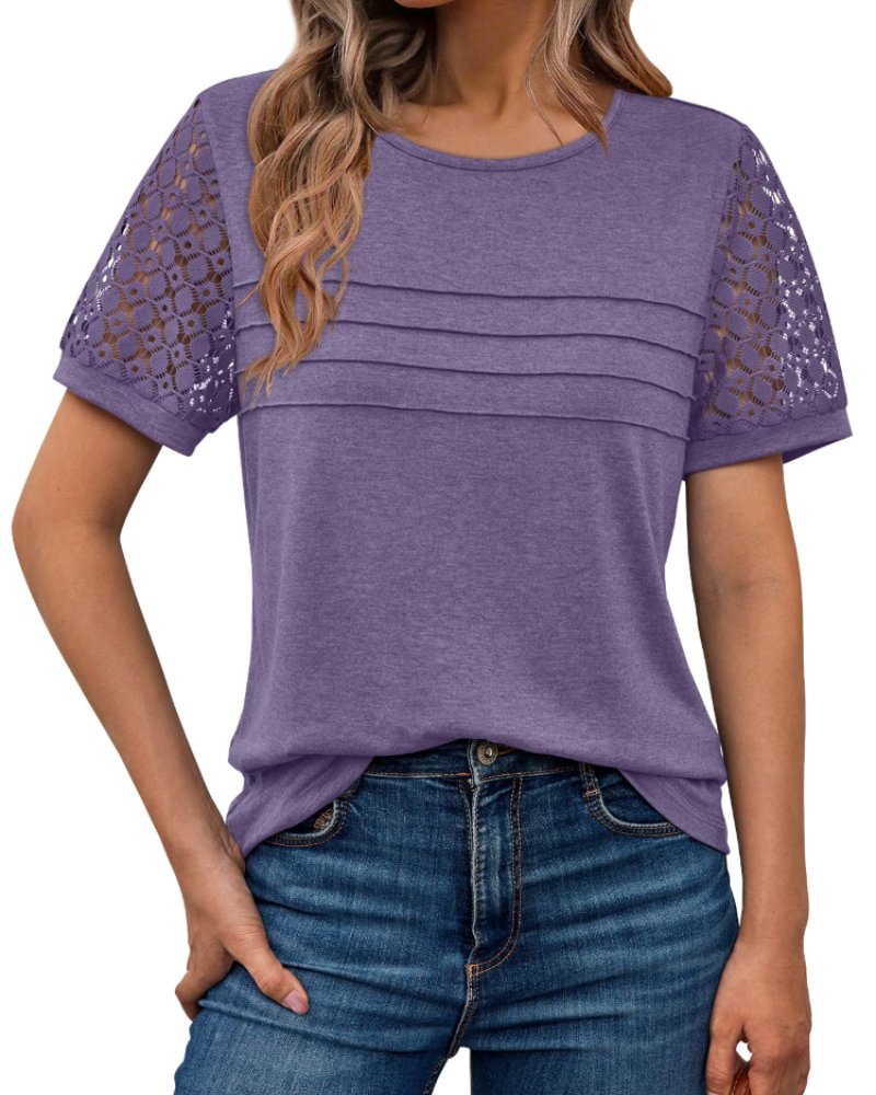 Azura Blusa Donna – Maniche Corte con Pizzo, Girocollo & Top Casual Elegante