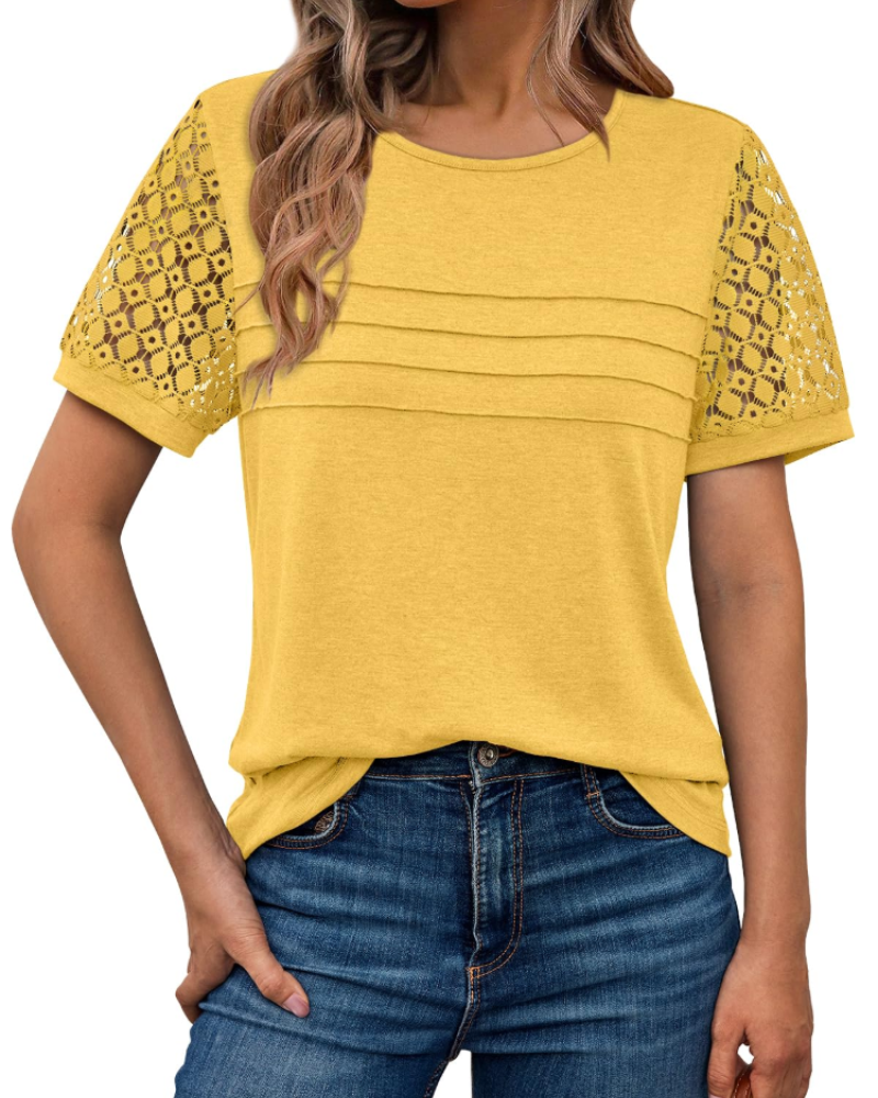 Azura Blusa Donna – Maniche Corte con Pizzo, Girocollo & Top Casual Elegante