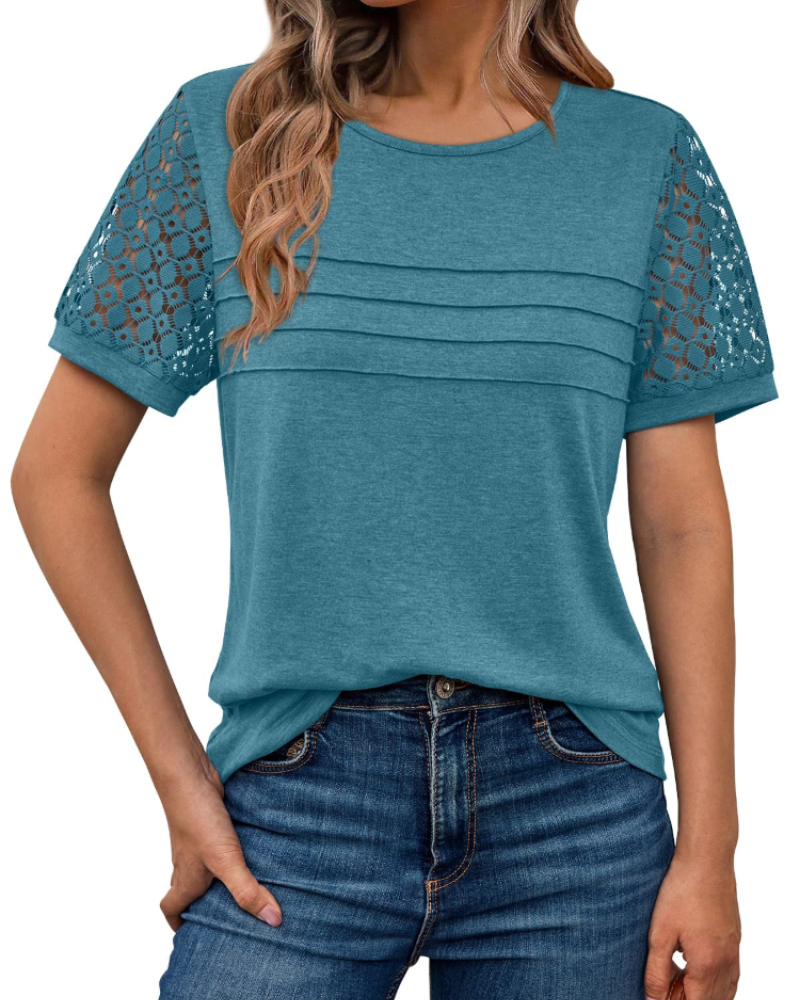 Azura Blusa Donna – Maniche Corte con Pizzo, Girocollo & Top Casual Elegante