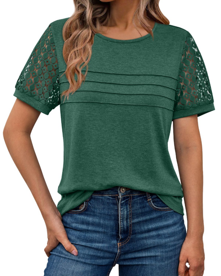 Azura Blusa Donna – Maniche Corte con Pizzo, Girocollo & Top Casual Elegante