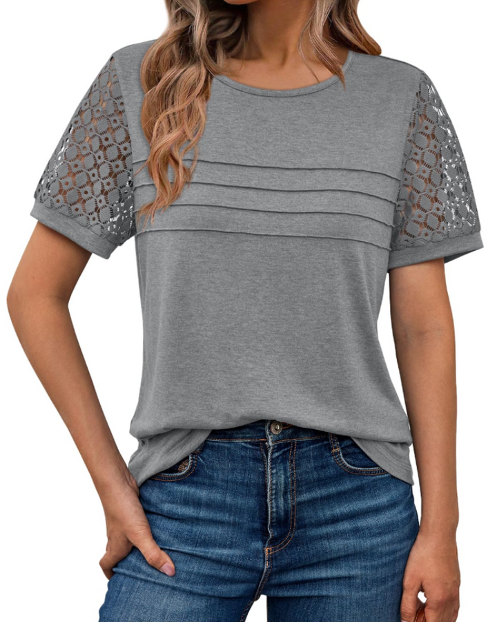 Azura Blusa Donna – Maniche Corte con Pizzo, Girocollo & Top Casual Elegante