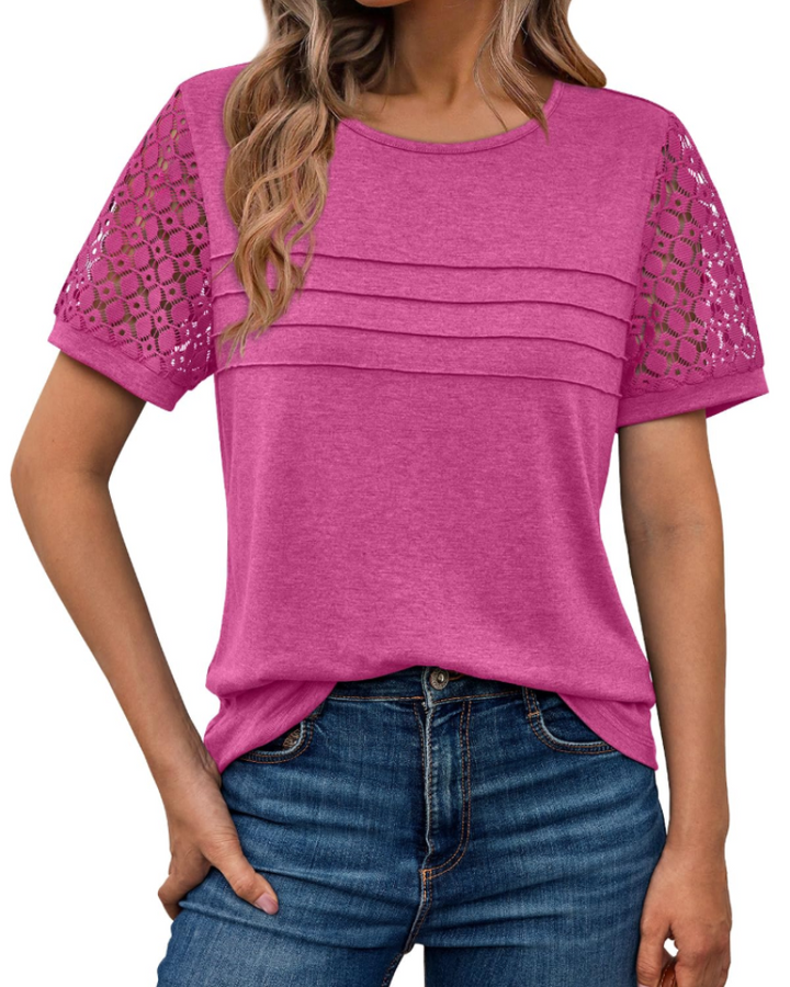 Azura Blusa Donna – Maniche Corte con Pizzo, Girocollo & Top Casual Elegante