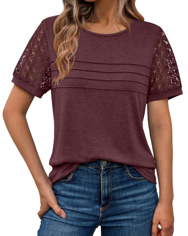 Azura Blusa Donna – Maniche Corte con Pizzo, Girocollo & Top Casual Elegante