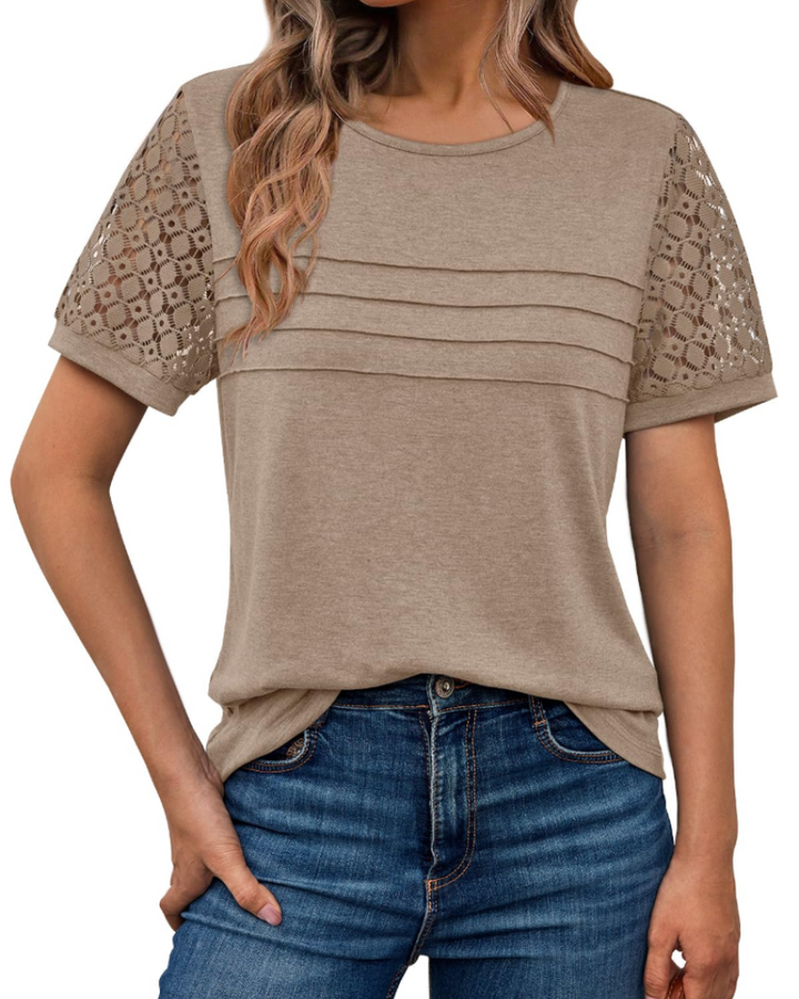 Azura Blusa Donna – Maniche Corte con Pizzo, Girocollo & Top Casual Elegante