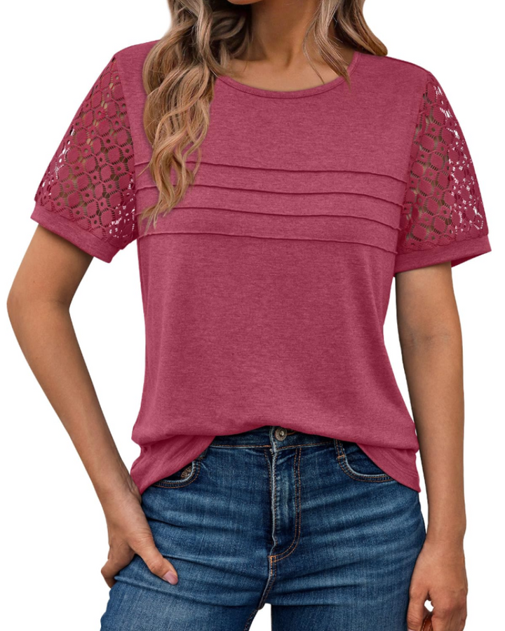 Azura Blusa Donna – Maniche Corte con Pizzo, Girocollo & Top Casual Elegante