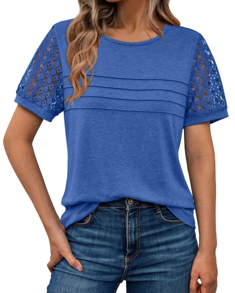 Azura Blusa Donna – Maniche Corte con Pizzo, Girocollo & Top Casual Elegante